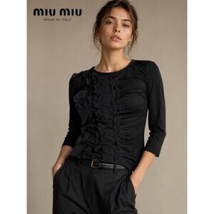 Miu Miu Black Mesh Ruffle Top Italy Sheer Trim Designer Blouse Runway Inspired